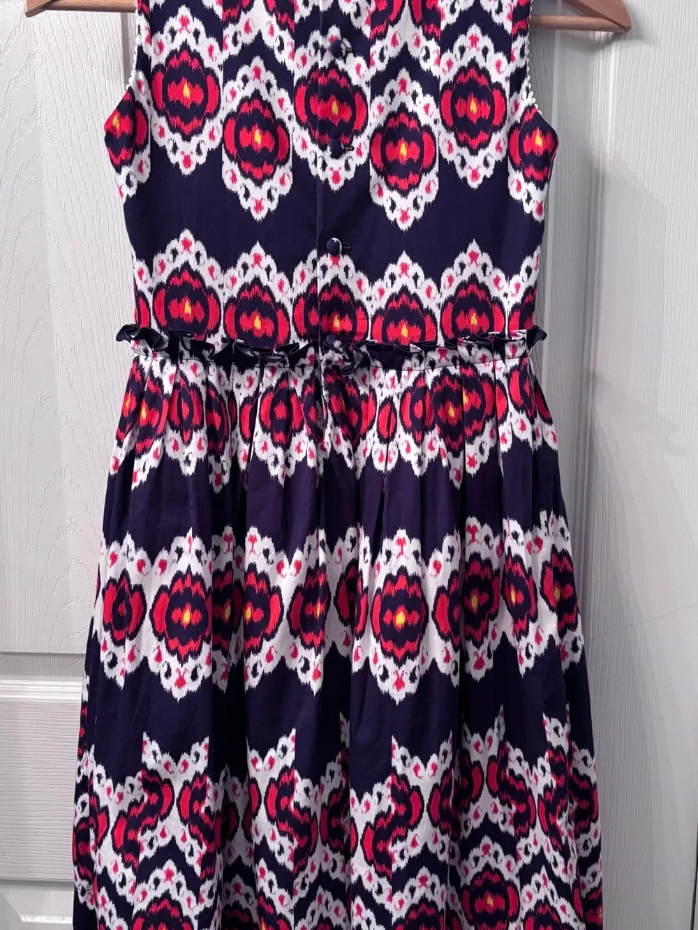 Oscar de la Renta Navy Dress with Red, White & Pink Ikat Motif